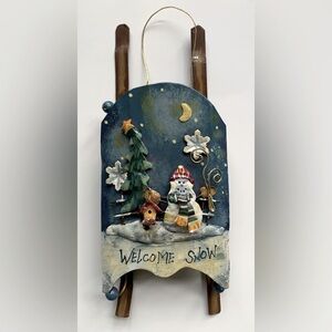 Welcome Snow Snowman Blue White Metal Sled Christmas Ornament Vintage